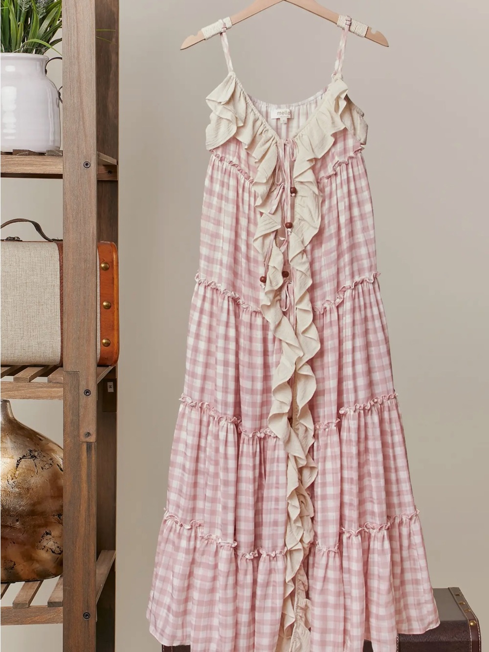 Women's Pink Gingham Maxi Dress with Ruffle Trim